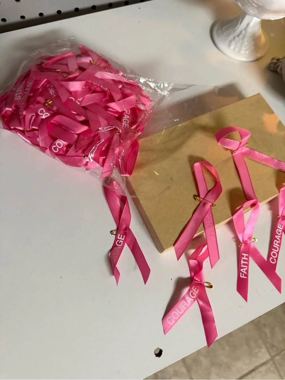 Pink Awareness Ribbon Pins - Hope Courage Strength Faith - Home Party Supplies
